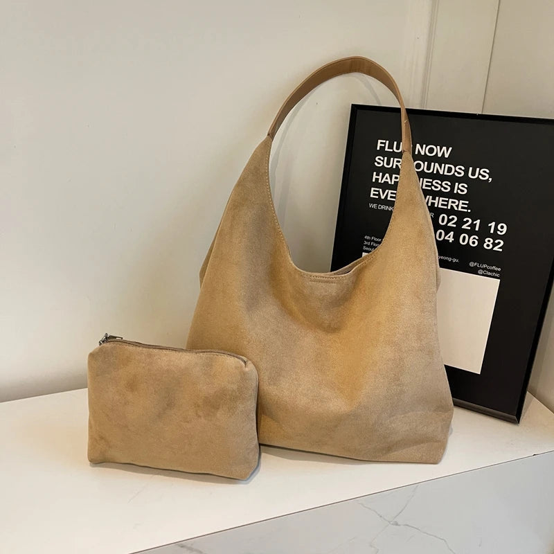 MOODS Casual Shoulder Tote Bag Set For Women 2-IN-1 Suede Pure Color Large Capacity Shopper Tote 2024 Winter New Handbags Female Your Shop Mania