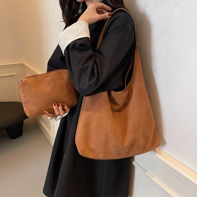 MOODS Casual Shoulder Tote Bag Set For Women 2-IN-1 Suede Pure Color Large Capacity Shopper Tote 2024 Winter New Handbags Female Your Shop Mania