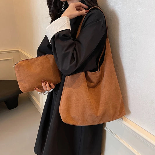 MOODS Casual Shoulder Tote Bag Set For Women 2-IN-1 Suede Pure Color Large Capacity Shopper Tote 2024 Winter New Handbags Female Your Shop Mania