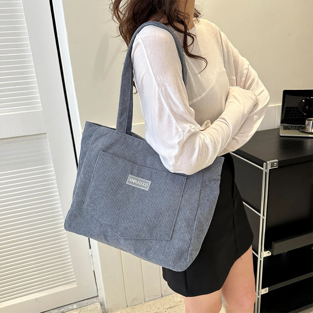 Large Capacity Shoulder Bag Trendy Corduroy Tote Bag Solid Color Ladies Handbag With Front Pocket Your Shop Mania