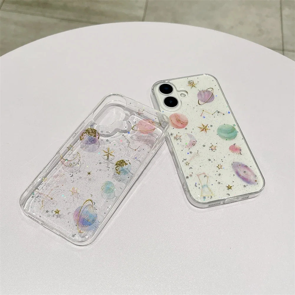 Luxury Crystal Glitter Sequin Transparent Case For iPhone 16 15 14 Pro Max Plus 13 12 11 XR X XS 7 8 SE 16ProMax Planet Cover