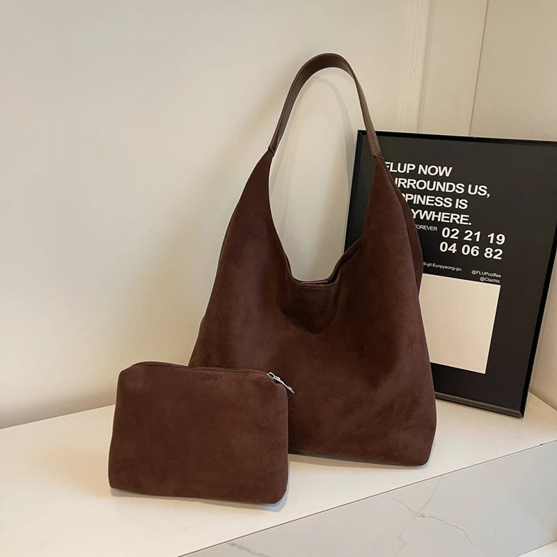 MOODS Casual Shoulder Tote Bag Set For Women 2-IN-1 Suede Pure Color Large Capacity Shopper Tote 2024 Winter New Handbags Female Your Shop Mania