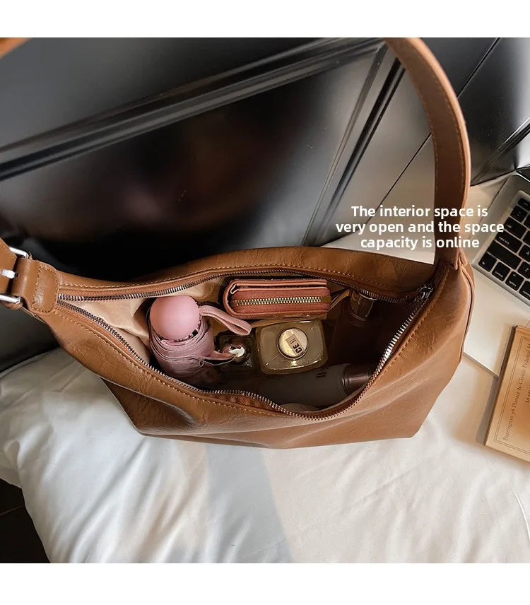 Fall New Large Capaci Pure Color Soft Leather Tote Bag Women's Versatile Single oulder Underarm Bag for Commuting And o... Your Shop Mania