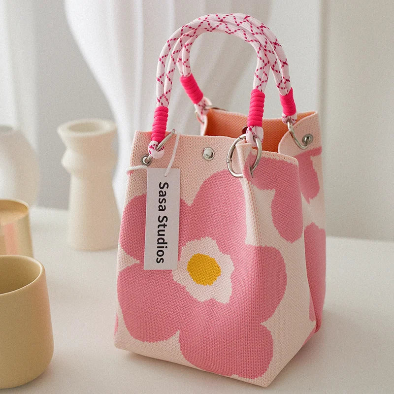Korean Sle Knitted Tote Bag Large Capaci Portable Handbag Commuter Buet Bag Cute Floral Pattern Women's Handbag Your Shop Mania
