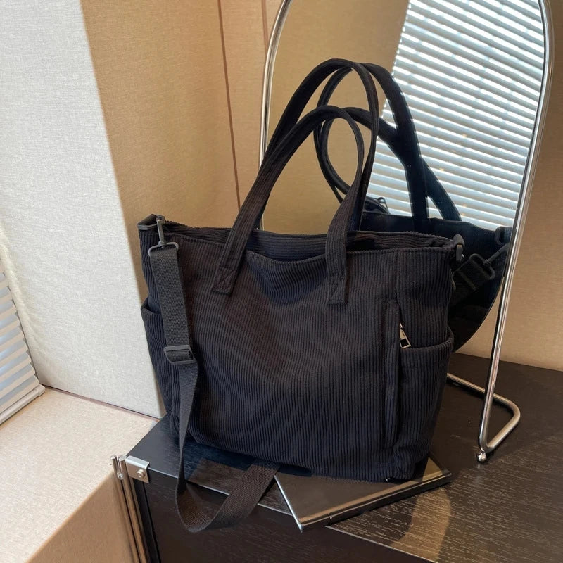 Fashionable Striped Velvet Handbag Simple Style Corduroy Shoulder Bag Solid Color Large Capacity Commuting Women's Tote Bag Your Shop Mania