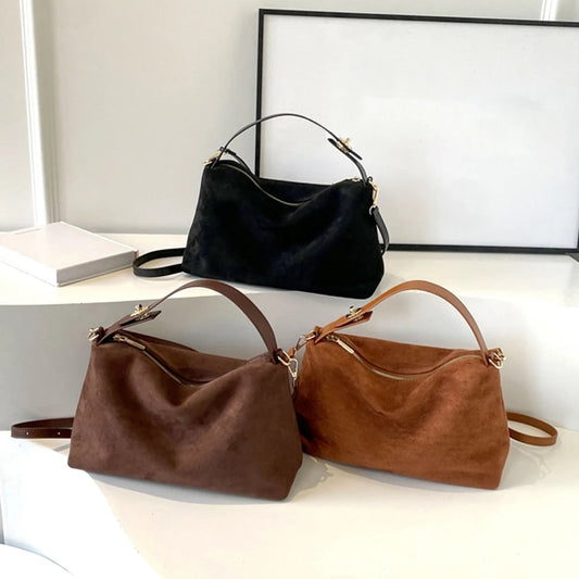 Fashion Autumn Winter Big Boston Tote Soft Matte Suede Cow Leather Women's Handbag Shoulder Crossbody Bag For Women Grey Brown Your Shop Mania