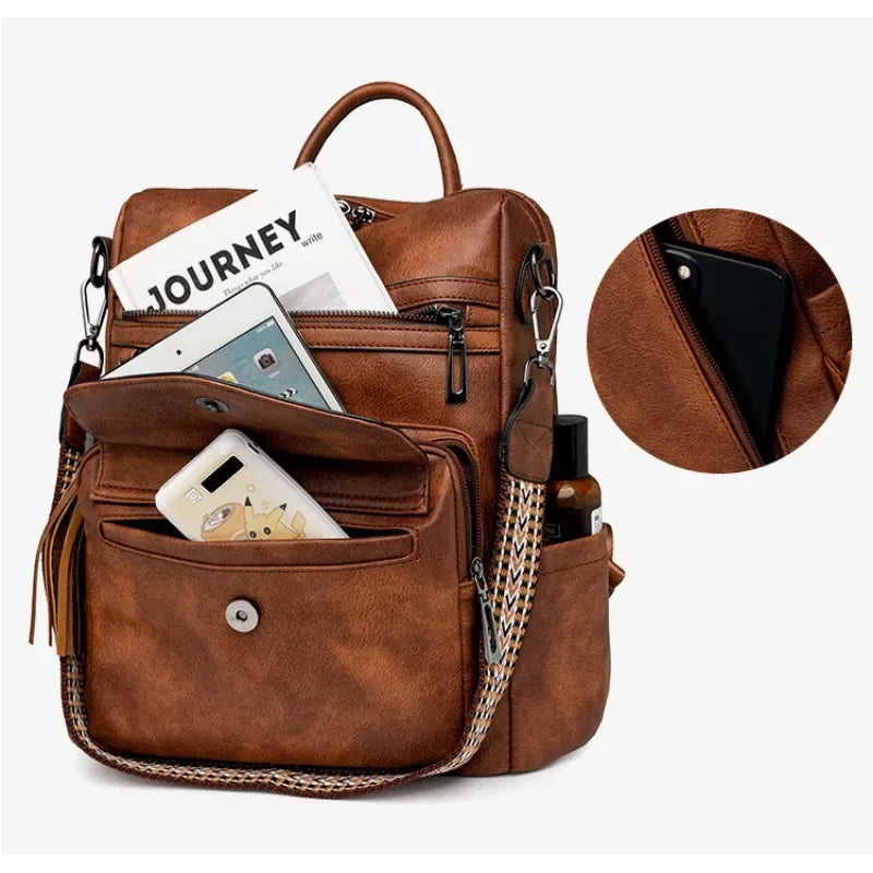 Backpack for Women Large Womens Backpack Leather Travel Fashion Purse Designer Ladies Shoulder Bags with Tassel Two-toned Brown Your Shop Mania
