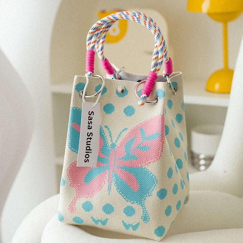 Korean Sle Knitted Tote Bag Large Capaci Portable Handbag Commuter Buet Bag Cute Floral Pattern Women's Handbag Your Shop Mania