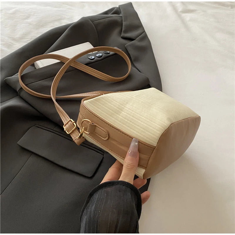 Vertical Striped Crossbody Shoulder Bag,PU Contrast Color Lunch Box Bowling Bag,Effortless Chic Sling Bag,Women Everday Handbag Your Shop Mania