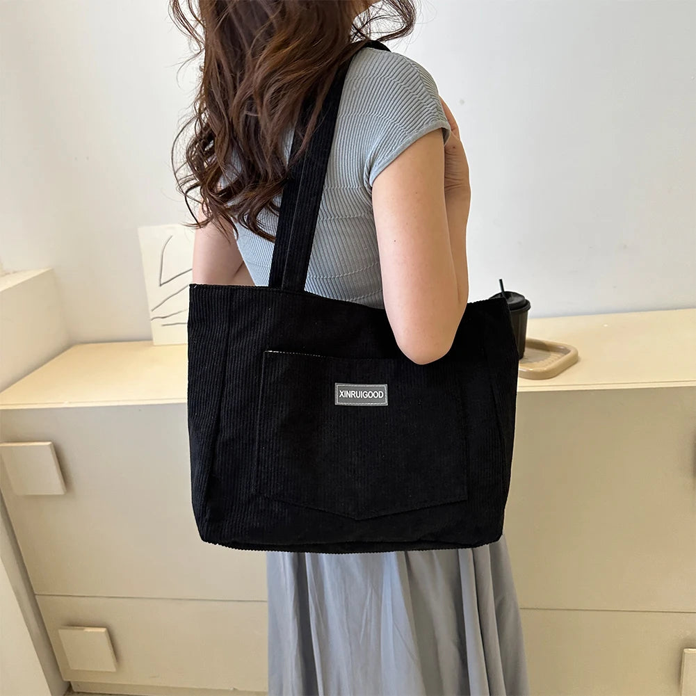 Large Capacity Shoulder Bag Trendy Corduroy Tote Bag Solid Color Ladies Handbag With Front Pocket Your Shop Mania