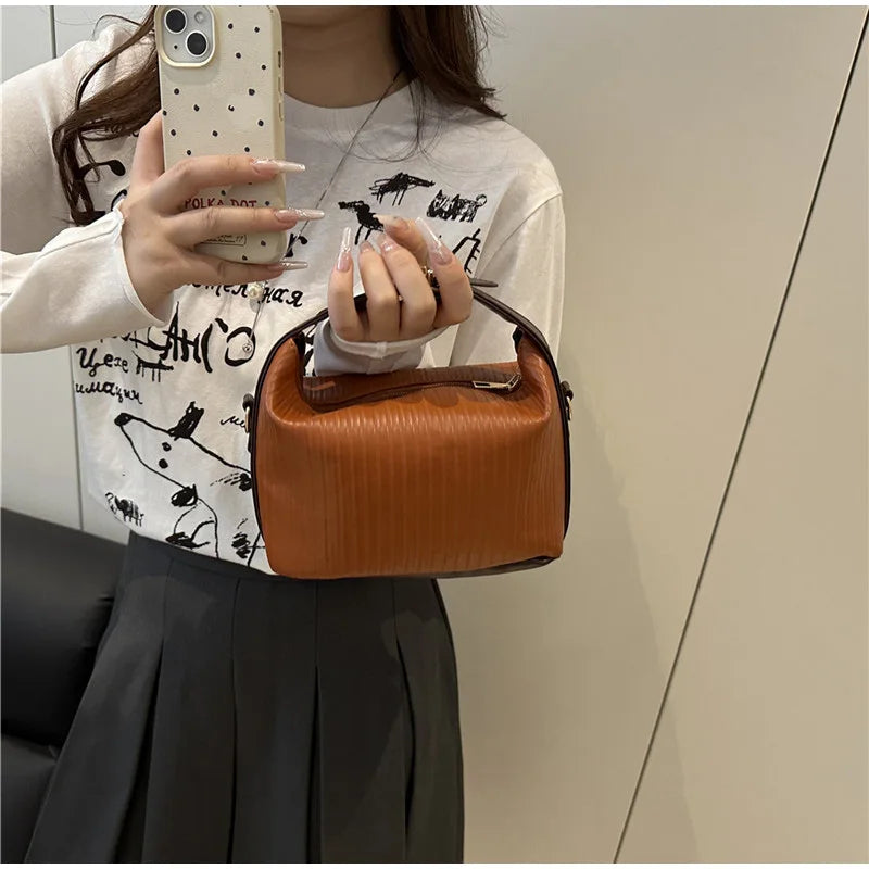 Vertical Striped Crossbody Shoulder Bag,PU Contrast Color Lunch Box Bowling Bag,Effortless Chic Sling Bag,Women Everday Handbag Your Shop Mania