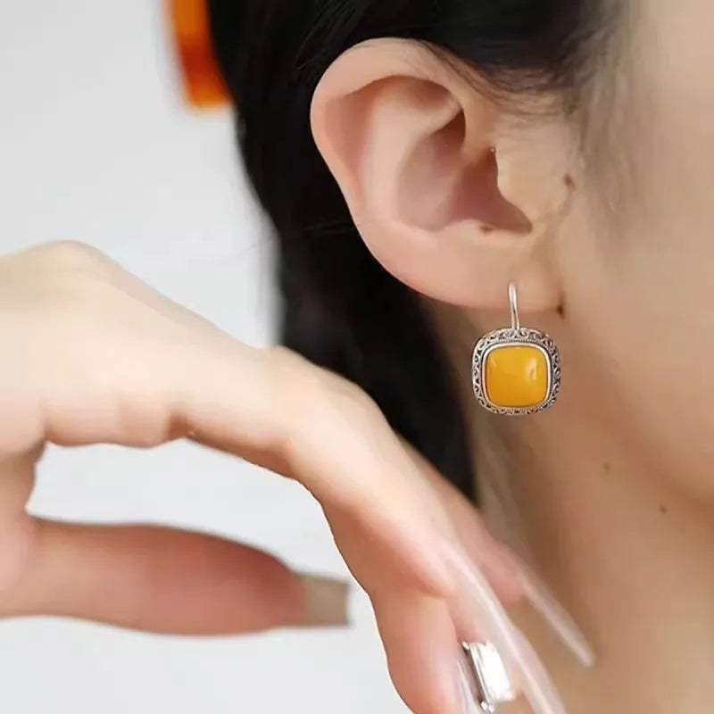silver 925 Tang Grass Auspicious Cloud Honey Wax earrings for women Retro Embossed yellow and red Square Earings Jewelry Your Shop Mania