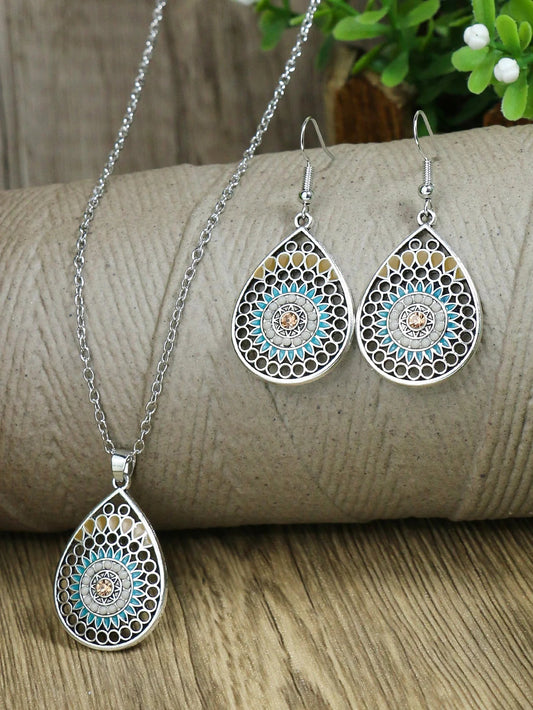 Ethnic Feng Shui Droplet Hollow Colored Glazed Earrings for Women Bohemian Vacation Short Necklace Jewelry Set Your Shop Mania