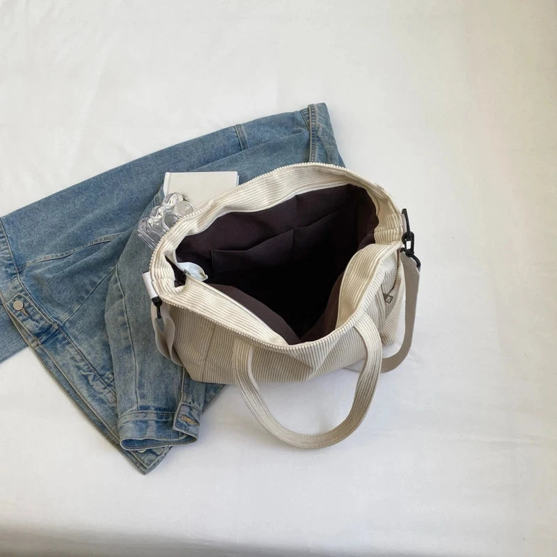 Fashionable Striped Velvet Handbag Simple Style Corduroy Shoulder Bag Solid Color Large Capacity Commuting Women's Tote Bag Your Shop Mania