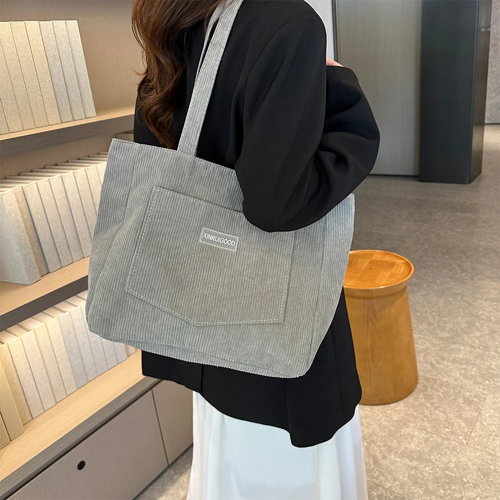 Large Capacity Shoulder Bag Trendy Corduroy Tote Bag Solid Color Ladies Handbag With Front Pocket Your Shop Mania