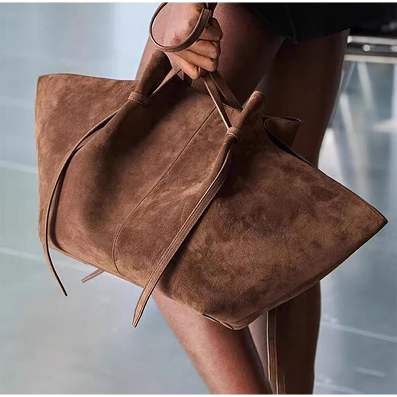 Brand Suede Design Shoulder Bag New Luxury Retro Women's Tote Bag Solid Color Genuine Leather Texture Large Capacity Handbag Your Shop Mania